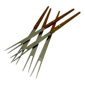 Vintage MCM Walnut & Stainless Fondue Forks (5)